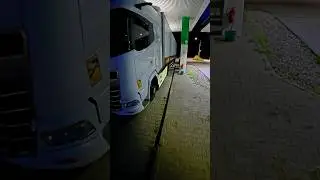 Filling up the DAF European truck frigo unit before a long 45 h break At night at a EU gas station
