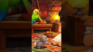 A cute little girl is happily playing with a rabbit, a cat, a dog, and a parrot.#Dog#Parrot #Animai
