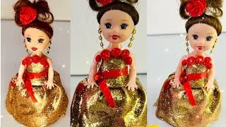 DIY How to Make Polymer Clay Miniature golden Doll Dress 👗 Polymer Clay Dress
