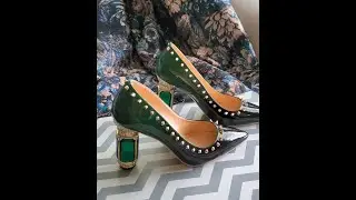 2021 GRADIENT RHINESTONES CHUNKY HEELS POINTY TOE PUMPS OFFICE CHUNKY HEEL RIVETS SHOES / NICEPAIRS