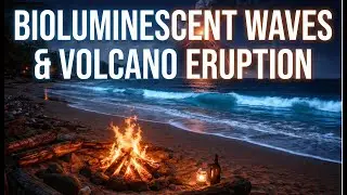 Bioluminescent Waves & Volcano Eruption at Night 🌋 Campfire, Waves, & Lava ASMR Ambience