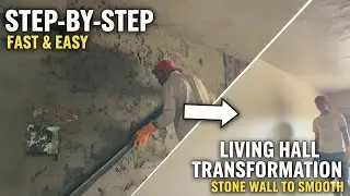 Step-by-Step Living Hall Plastering (6x3m) - Fast & Easy Method for Stone Block Walls