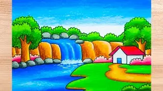 Easy Waterfall and House Scenery Drawing | Step by Step
