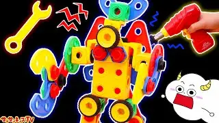 最強のセキュリティロボットをカラフルブロックでねじねじDIY！大工さんみたいに立体パズルを組み立てるよ♪色覚え・知育玩具・親子向け教育★サンサンキッズTV★