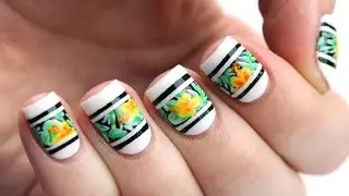 Floral Varsity Stripe Nail Art Tutorial
