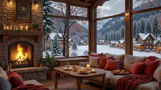 Cozy Winter Cabin Night ❄️ Fireplace Warmth, Snowy Alpine Village & Smooth Jazz Ambience