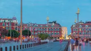 Place Massena square Nice day to night timelapse, French Riviera, Cote d'Azur, France