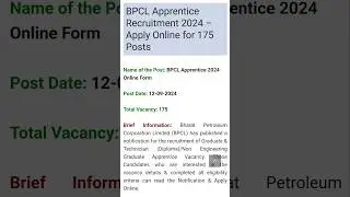 BPCL Apprentice Recruitment 2024- Apply Online for 175 Posts