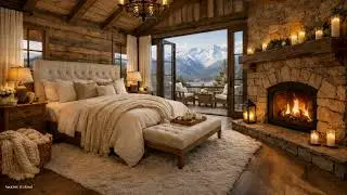 Cozy Luxury Cabin Bedroom with Cracking Fireplace, Mountain View & Soft Jazz Ambience 🔥🎶