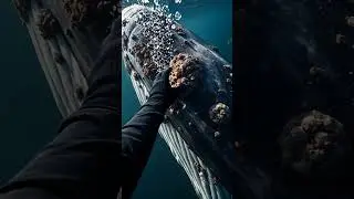 Diver carefully removes barnacles from whale skin underwater