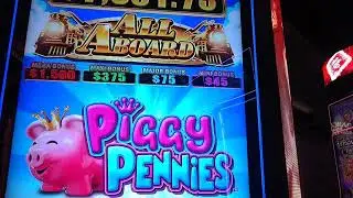 IS THIS POSSIBLE? How did I get so many bonuses?? on ALL ABOARD slot machine playing Piggy Pennies