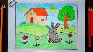 Easy Rabbit Scenery for kids||Rabbit drawing for kids||Easy Scenery Drawing 