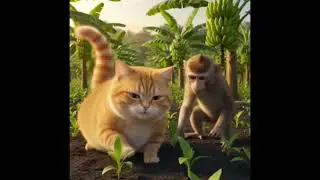 Orange cat and monkey for make banana trees and then sales for bananas fruit 🍌 