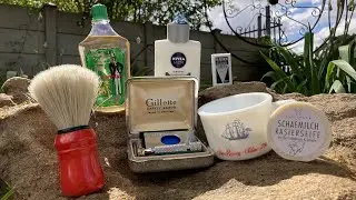 British Gillette Aristocrat | Haslinger &ldquo;Schafmilch&rdquo; Sheep Milk Shaving Soap | Shulton Old Spice Mug
