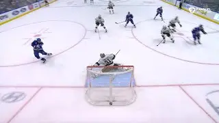 Anton Forsberg pushes across the crease and robs Dominic James.