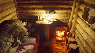 Building a wooden cabin in the forest.Great Bushcraft Trip , camping & cooking alone in The Wild