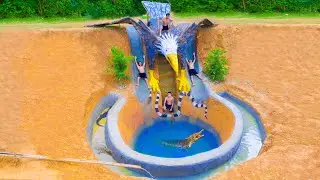 Build Swimming Pool Water Slide Eagle Around The Secret Underground House - Primitive Survival