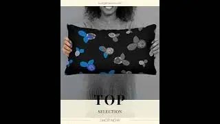 Throw Pillow - Stained Glass Flowers Blue White Black
