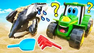 Johnny le tracteur sauve une petite orque ! Que lui est-il arriv&eacute; ? Jeux avec jouets dans le sable.