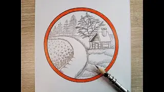 I draw a house in the mountains, with forest along the roadside