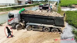 Wow! Land Fill Form Build New Foundation By Massive Dump Truck Dumping Dirt & Dozer Skills Pushing