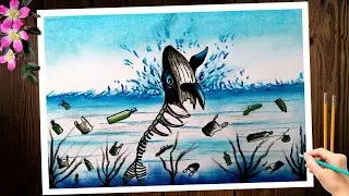 world ocean day drawing. save ocean easy drawing. stop Ocean pollution poster making step by step.