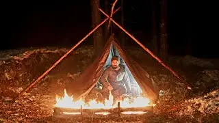 Winter Bushcraft Camping - Surviving the Night With A Long Log Fire - Making a Resin Candle Stove