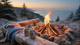 Cozy Firepit on a Frosty Morning | Fireplace & Distant Ocean Sounds | 24/7 Live