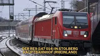 The RE9 with locomotive 147 014 arriving and departing in Stolberg (Rhineland)