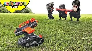 DINOSAURS vs. Nerf Terrascout - Skyheart Nerf War with dinosaurs for kids