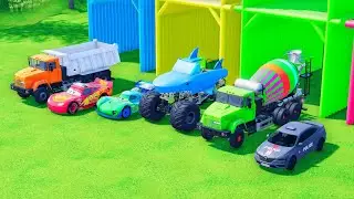 Transporting Colorful Rainbow Police Cars, Dacia, Jeep Offroad, Mixer Truck - Farming Simulator 22