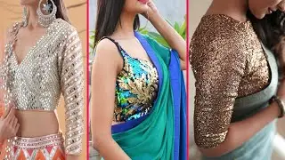 Latest Sequence Blouse Designs, Partywear plain saree with sequined blouse,Sequin Fabric Blouse Idea