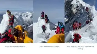 Mount Everest, cornice collapse due to overcrowding, traffic jam and long queues to the summit.