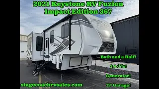 2021 KEYSTONE RV FUZION IMPACT EDITION 367 WALKTHROUGH! BATH AND A HALF! GENERATOR! 13' GARAGE!