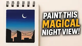 Magical City Night Painting 🌃 | Mini Canvas Acrylic Art with Moon & Lights