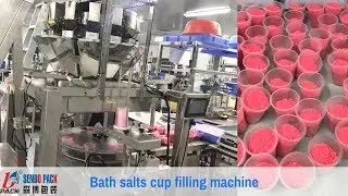 Bath salt plastic cup filling machine with multi head weigher / antiseize