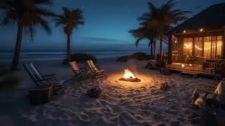 Cozy Beach House in Summer Night Ambience with Campfire, Crickets & Relaxing Ocean Sounds for Sleep
