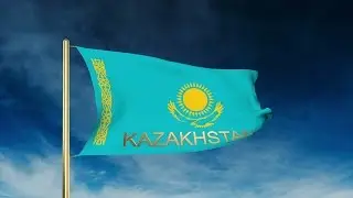 Kazakhstan Flag Slider Style With Title. Waving In The Wind With Cloud Backgroun Stock Animation