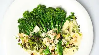 Grilled and steamed Broccoli with Gorgonzola Cheese and Bicolor Mustard Cress