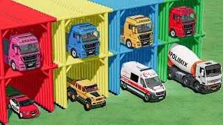 GARAGE with COLORS - TRANSPORTING POLICE CARS , AMBULANCE , TRUCKS , MAN TRUCKS | FS22