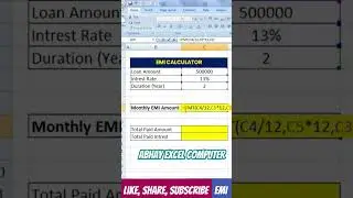 EMI CALCULATOR IN excel #excel #emicalculator #abhayexcelcomputer #excelshorts