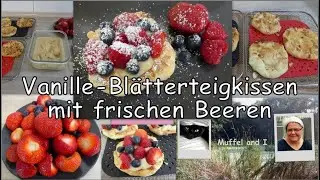 Vanille-Bl&auml;tterteigkissen mit frischen Beeren, vegane Puddingteilchen