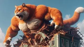 A giant cat destroys an ancient house in the mountains of a Scottish town