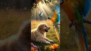 Golden Retriever & Parrot Fantasy Meadow Scene #animals #trending #shorts #viralshorts