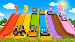 Wheels on the Car | Colorful Cartoon Cars on Slides | Learning Numbers & Colors for Kids