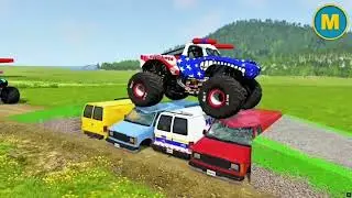 Double Flatbed Trailer Monster Trucks Transport with Slide Color - Cars vs Speed bump - BeamNG