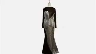 Long sleeved gown in metallic silver sequin fabric and black stretch fabric with flared hemline