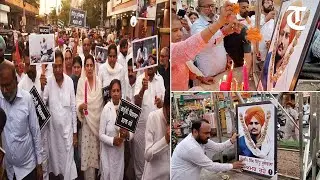 PPCC chief&rsquo;s wife Amrita Warring and Cong workers during a march seeking justice for Sidhu Moosewala