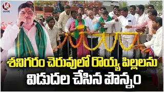Minister Ponnam Releases Shrimp Seeds Into Shanigaram Lake | Siddipet | V6 News