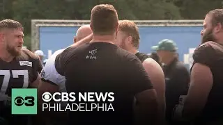 Landon Dickerson, fresh off surgery, serves up beers at Eagles-Browns joint practice
